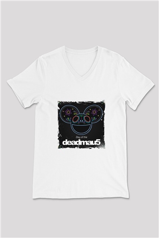 Deadmau5 Baskılı Beyaz V Yaka Unisex Tişört