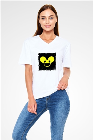 Deadmau5 Baskılı Beyaz V Yaka Unisex Tişört