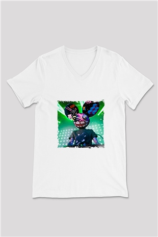 Deadmau5 Baskılı Beyaz V Yaka Unisex Tişört