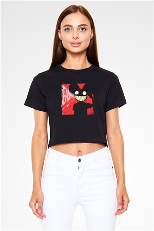 Deadmau5 Baskılı Crop Top Siyah Kadın Tişört