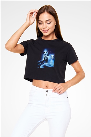 Deadmau5 Baskılı Crop Top Siyah Kadın Tişört