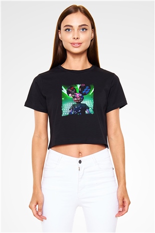 Deadmau5 Baskılı Crop Top Siyah Kadın Tişört