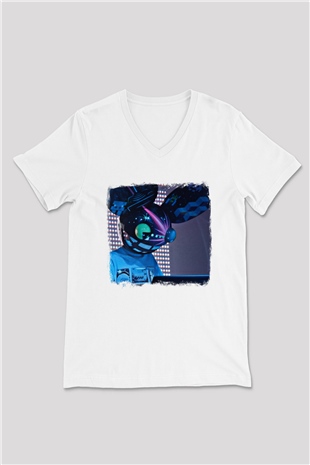 Deadmau5 Baskılı Unisex Beyaz V Yaka Tişört