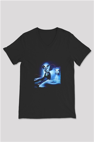 Deadmau5 Baskılı Unisex Siyah V Yaka Tişört