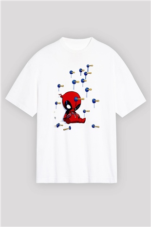 Deadpool Baskılı Oversize Beyaz Tişört