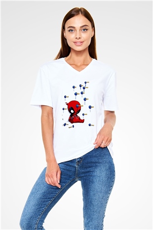 Deadpool Baskılı Unisex Beyaz  V Yaka Tişört