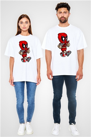 Deadpool Bastard Baskılı Unisex Beyaz Oversize Tişört