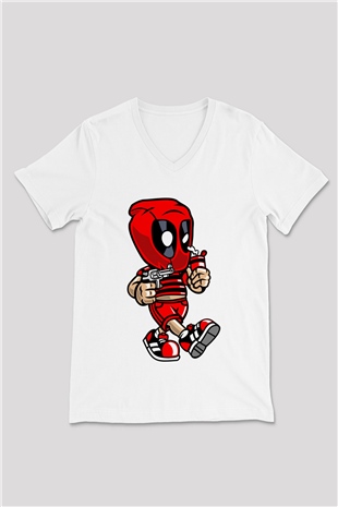 Deadpool Bastard Baskılı Unisex Beyaz V Yaka Tişört