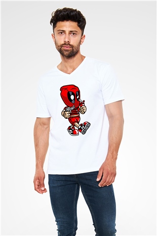 Deadpool Bastard Baskılı Unisex Beyaz V Yaka Tişört
