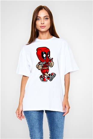 Deadpool Bastard Baskılı Unisex Beyaz Oversize Tişört