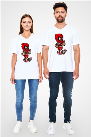 Deadpool Bastard Baskılı Unisex Beyaz V Yaka Tişört