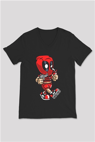 Deadpool Bastard Baskılı Unisex Siyah V Yaka Tişört