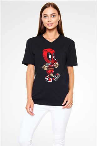Deadpool Bastard Baskılı Unisex Siyah V Yaka Tişört