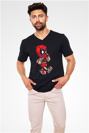 Deadpool Bastard Baskılı Unisex Siyah V Yaka Tişört