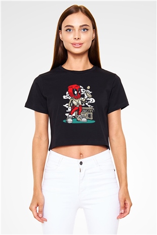 Deadpool Boombox Baskılı  Siyah  Crop Top Tişört