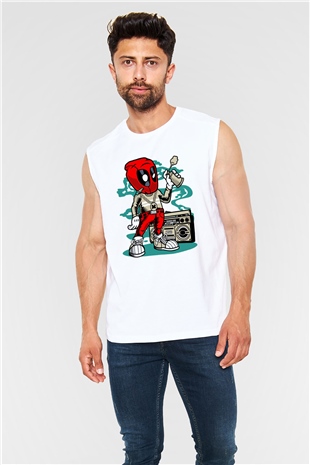 Deadpool Boombox Baskılı Unisex Beyaz Kolsuz Tişört