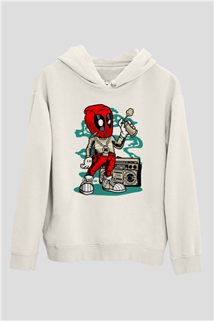 Deadpool Boombox Baskılı Unisex Beyaz Hoodie