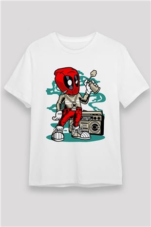 Deadpool Boombox Baskılı Unisex Beyaz Tişört