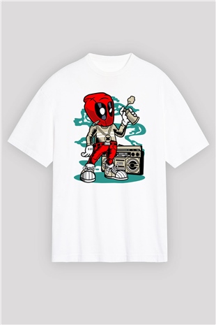 Deadpool Boombox Baskılı Unisex Beyaz Oversize Tişört