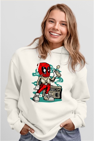 Deadpool Boombox Baskılı Unisex Beyaz Hoodie