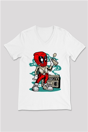 Deadpool Boombox Baskılı Unisex Beyaz V Yaka Tişört