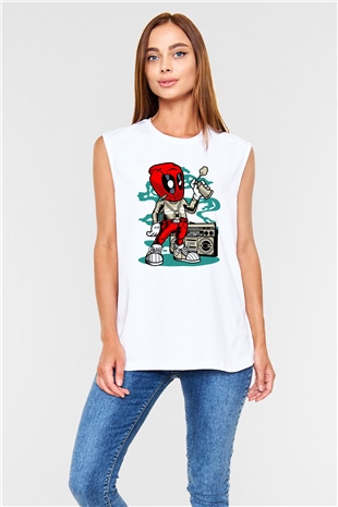 Deadpool Boombox Baskılı Unisex Beyaz Kolsuz Tişört