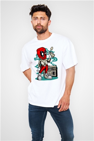 Deadpool Boombox Baskılı Unisex Beyaz Oversize Tişört