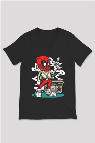 Deadpool Boombox Baskılı Unisex Siyah V Yaka Tişört