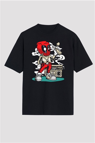 Deadpool Boombox Baskılı Unisex Siyah Oversize Tişört