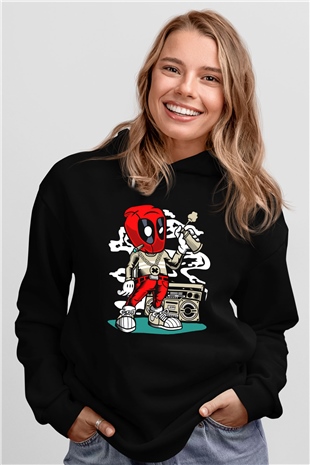 Deadpool Boombox Baskılı Unisex Siyah Hoodie