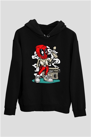 Deadpool Boombox Baskılı Unisex Siyah Hoodie