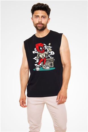Deadpool Boombox Baskılı Unisex Siyah Kolsuz Tişört