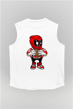 Deadpool Eat Burger Baskılı Unisex Beyaz Kolsuz Tişört