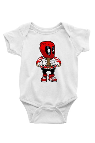 Deadpool Eat Burger Baskılı Unisex Beyaz Bebek Body - Zıbın