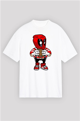 Deadpool Eat Burger Baskılı Unisex Beyaz Oversize Tişört