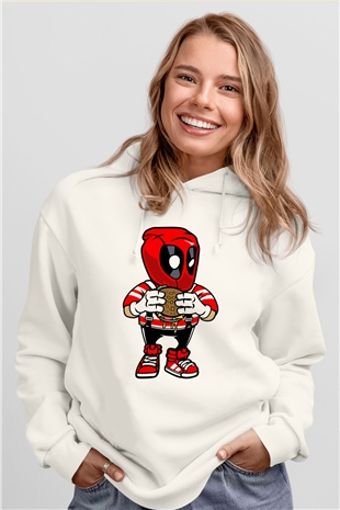 Deadpool Eat Burger Baskılı Unisex Beyaz Hoodie