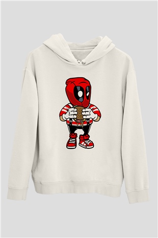 Deadpool Eat Burger Baskılı Unisex Beyaz Hoodie