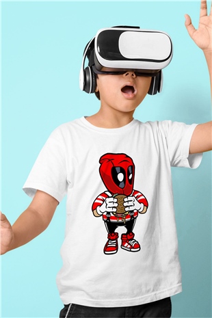 Deadpool Eat Burger Baskılı Unisex Beyaz Çocuk Tişört