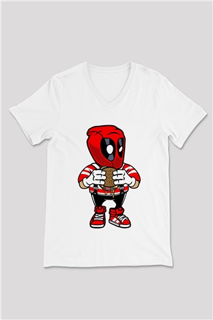 Deadpool Eat Burger Baskılı Unisex Beyaz V Yaka Tişört