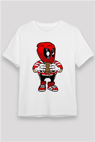 Deadpool Eat Burger Baskılı Unisex Beyaz Tişört