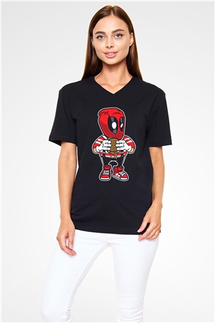 Deadpool Eat Burger Baskılı Unisex Siyah V Yaka Tişört