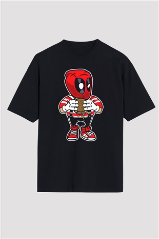 Deadpool Eat Burger Baskılı Unisex Siyah Oversize Tişört