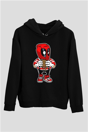 Deadpool Eat Burger Baskılı Unisex Siyah Hoodie