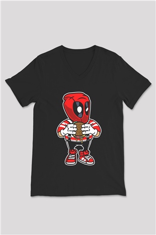 Deadpool Eat Burger Baskılı Unisex Siyah V Yaka Tişört