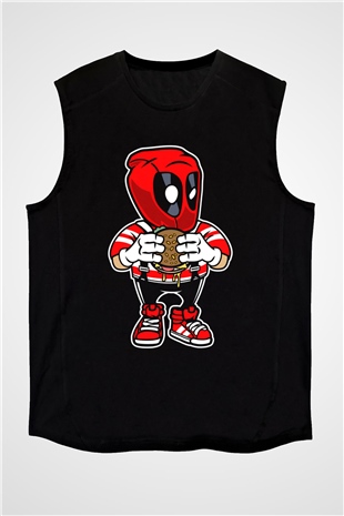 Deadpool Eat Burger Baskılı Unisex Siyah Kolsuz Tişört