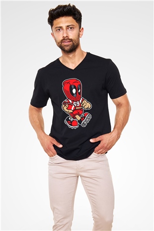 Deadpool Football Baskılı Unisex Siyah V Yaka Tişört