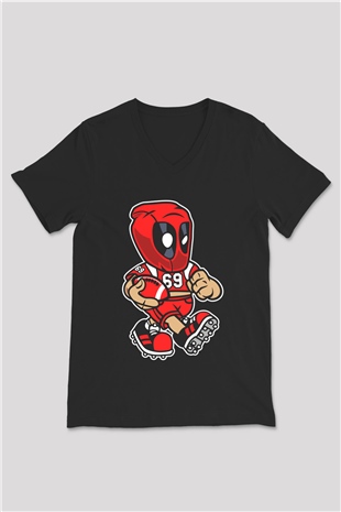 Deadpool Football Baskılı Unisex Siyah V Yaka Tişört
