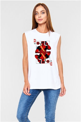 Deadpool Kartı Baskılı Unisex Beyaz  Kolsuz Tişört