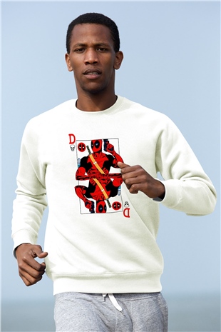 Deadpool Kartı Baskılı Unisex Beyaz  Sweatshirt