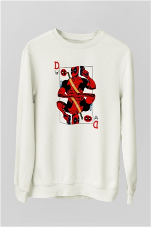 Deadpool Kartı Baskılı Unisex Beyaz  Sweatshirt